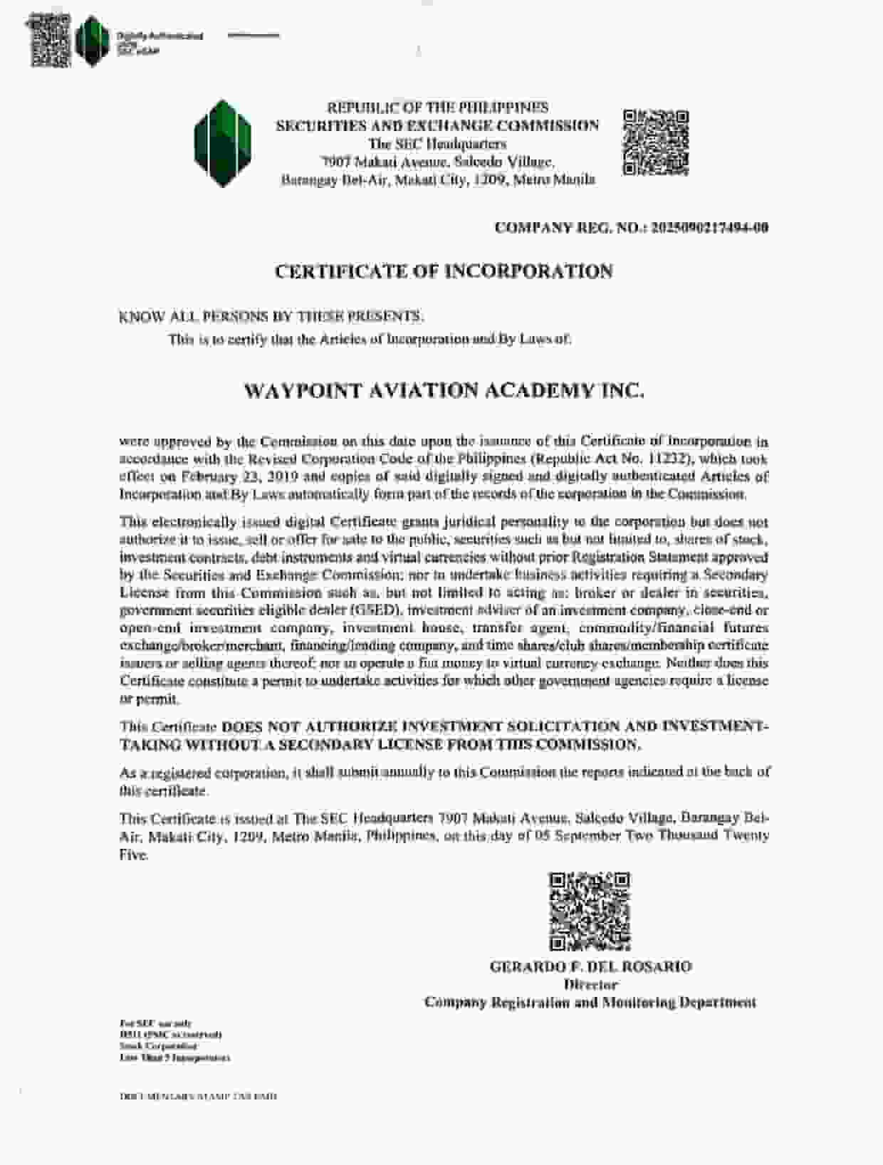 Securities and Exchange Commission Certificate of Incorporation