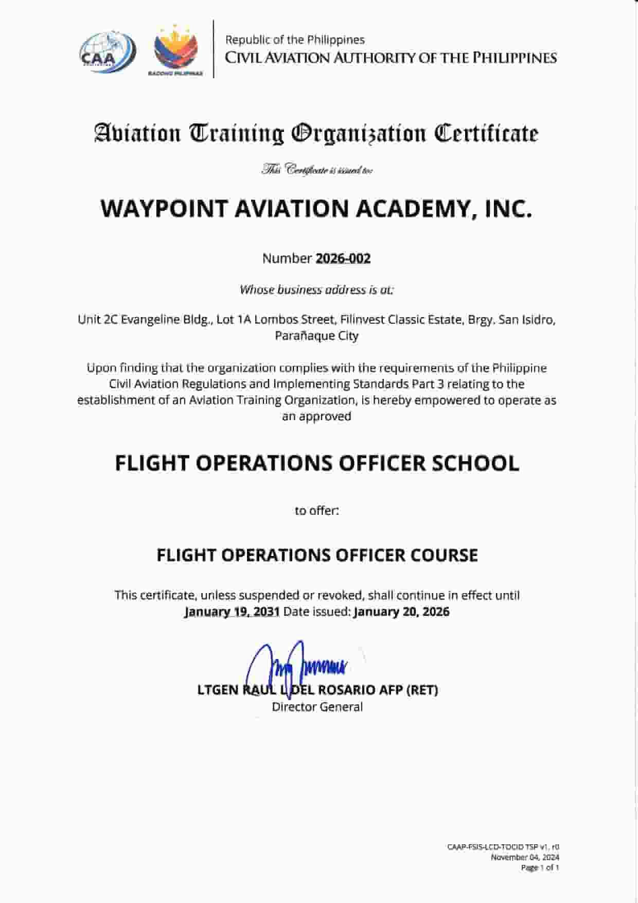 CAAP Aviation Training Organization Certificate No. 2026-002