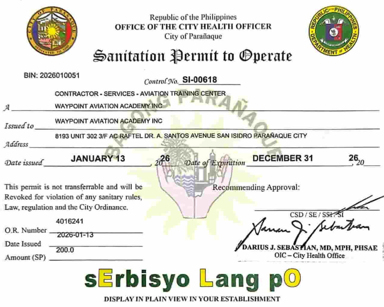 Parañaque City Health & Sanitation Operational Permit